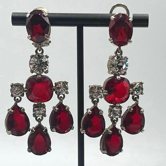 Beautiful Vintage Signed Red and Clear Rhinestone Chandelier Clip On Earrings - Picture 1 of 16